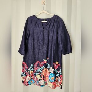 Talbots Navy Blue Dress Or Tunic with Multicolor Floral Hem
